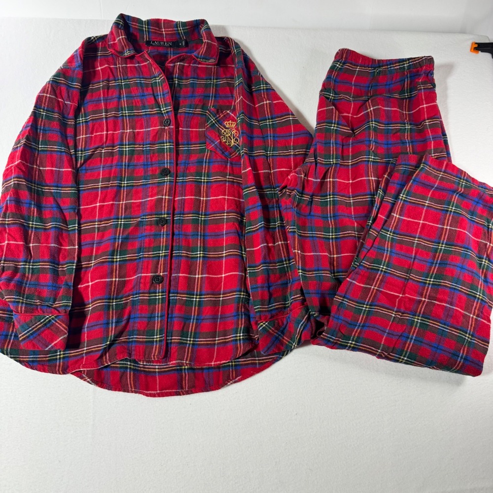Lauren Ralph Lauren Womens Pajama Set Size M Red Plaid Crest Logo 2 Piece